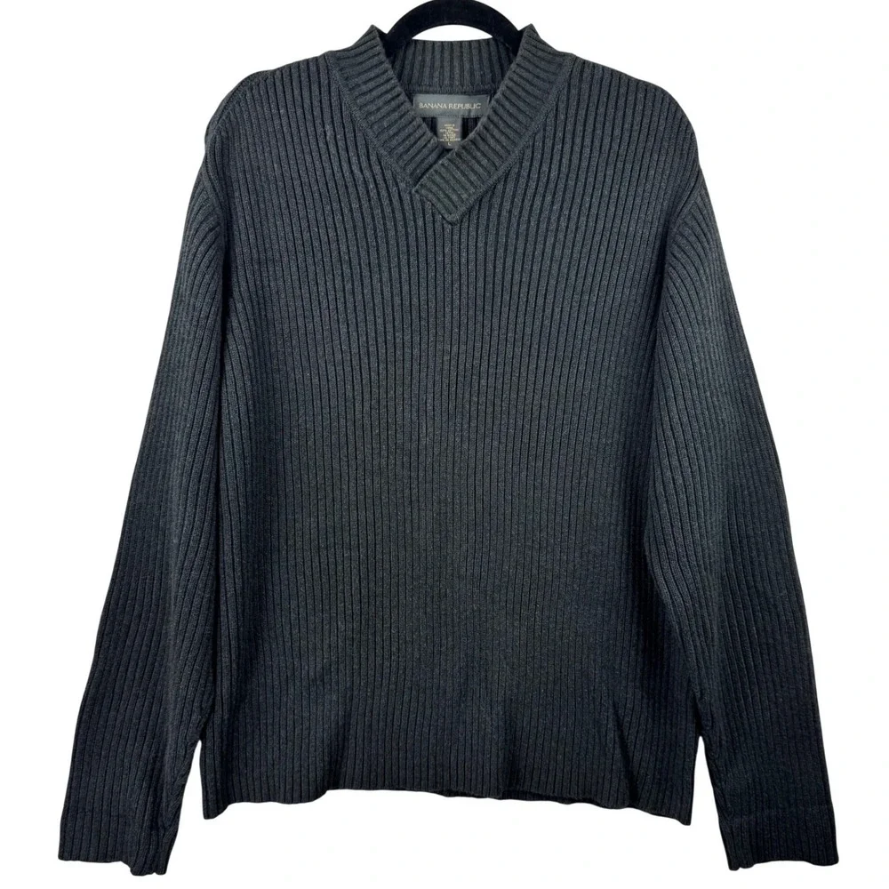 Banana‎ Republic Sweater Mens Large Gray Ribbed Cotton V-Neck Pullover Classic